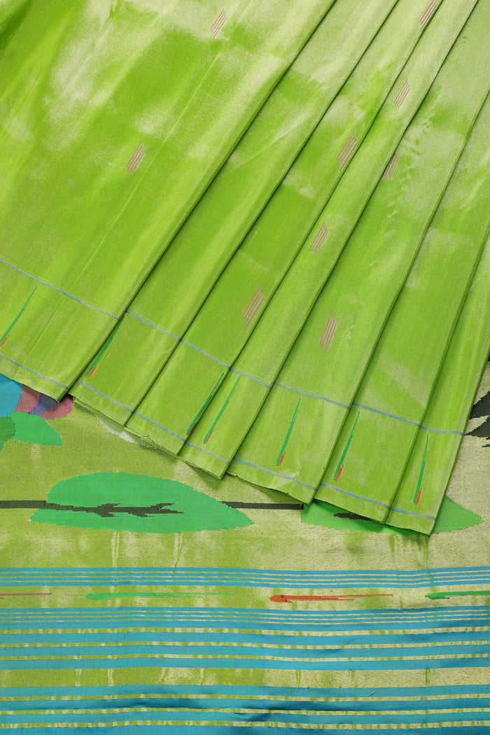 Parrot Green Pure Silk Handloom Tissue Paithani Saree