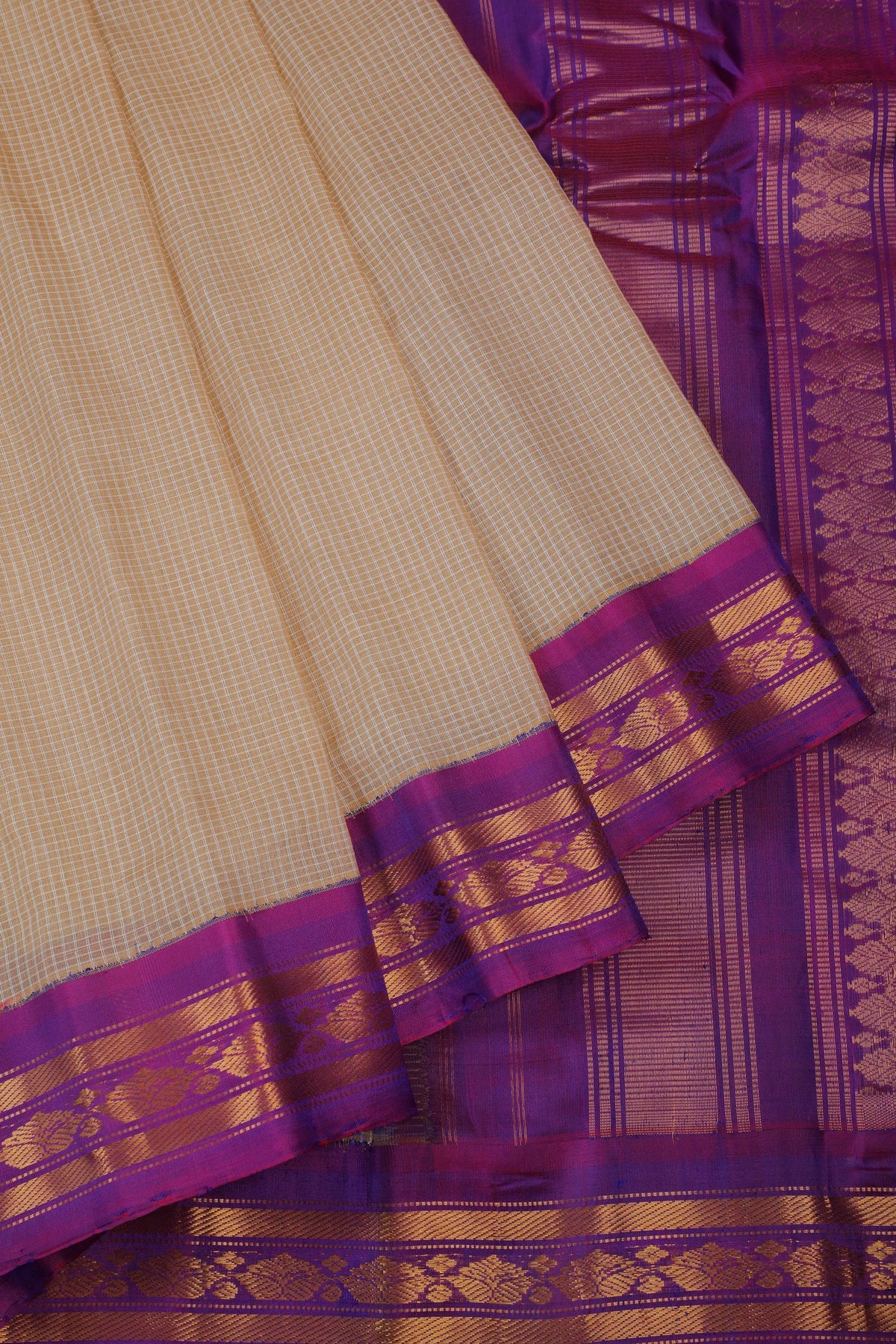 White Handloom Pure Cotton Gadwal Saree with Purple Border