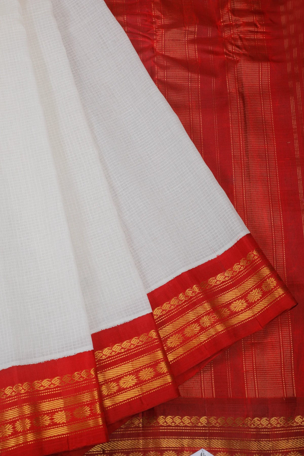 White Handloom Pure Cotton Gadwal Saree with Red Border