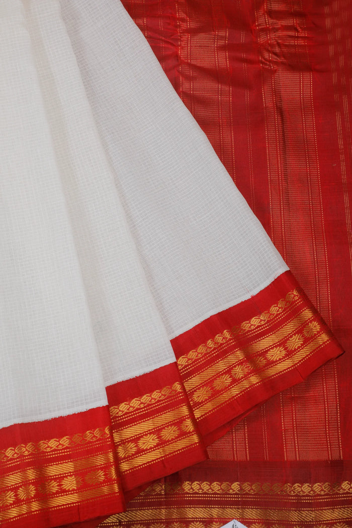 White Handloom Pure Cotton Gadwal Saree with Red Border