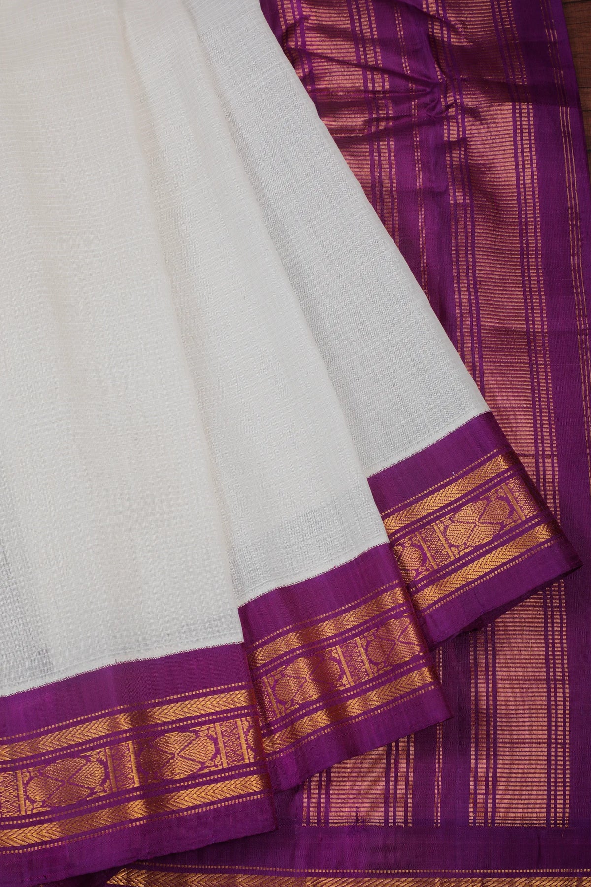 White Handloom Pure Cotton Gadwal Saree with Dark Purple Border