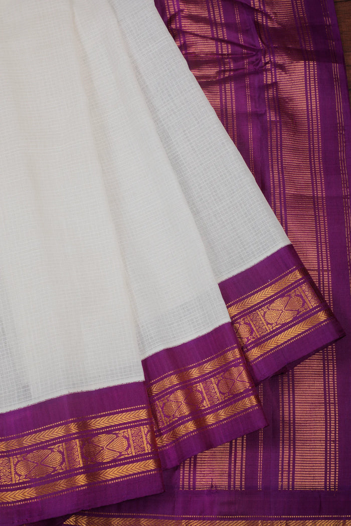 White Handloom Pure Cotton Gadwal Saree with Dark Purple Border