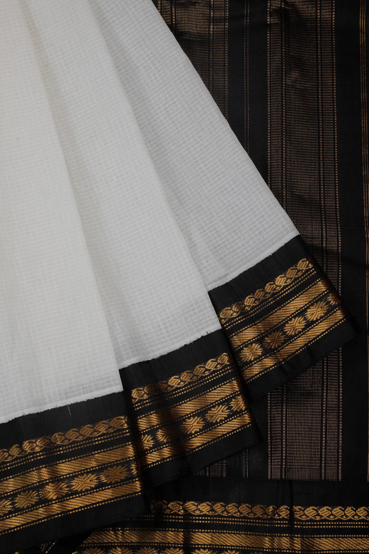 White Handloom Pure Cotton Gadwal Saree with Black Border