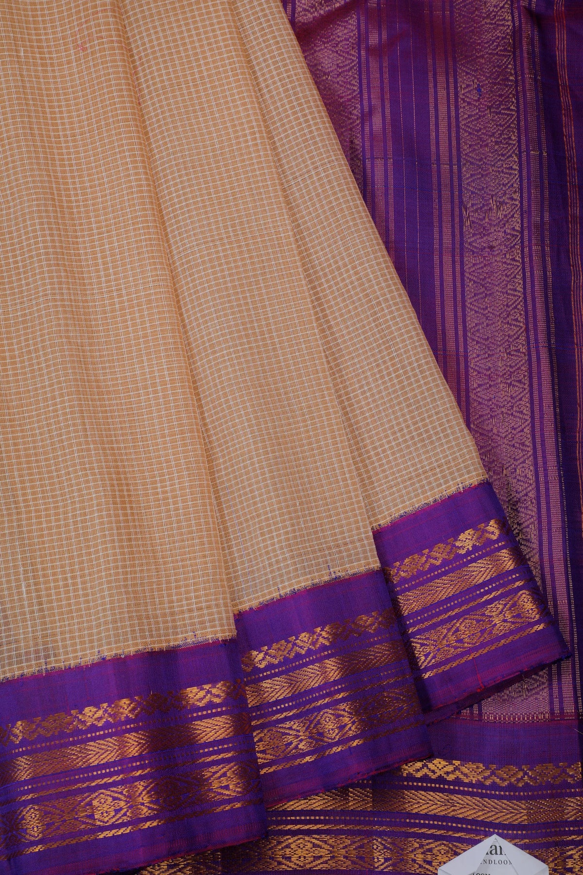 Ivory Handloom Pure Cotton Gadwal Saree with Purple Border