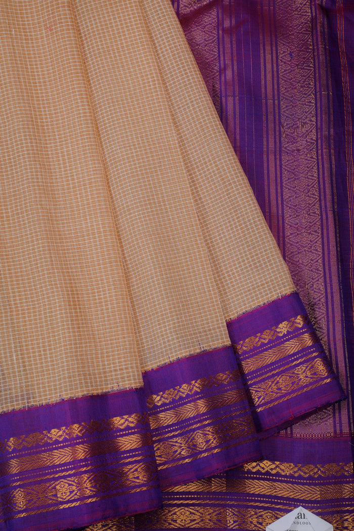 Ivory Handloom Pure Cotton Gadwal Saree with Purple Border