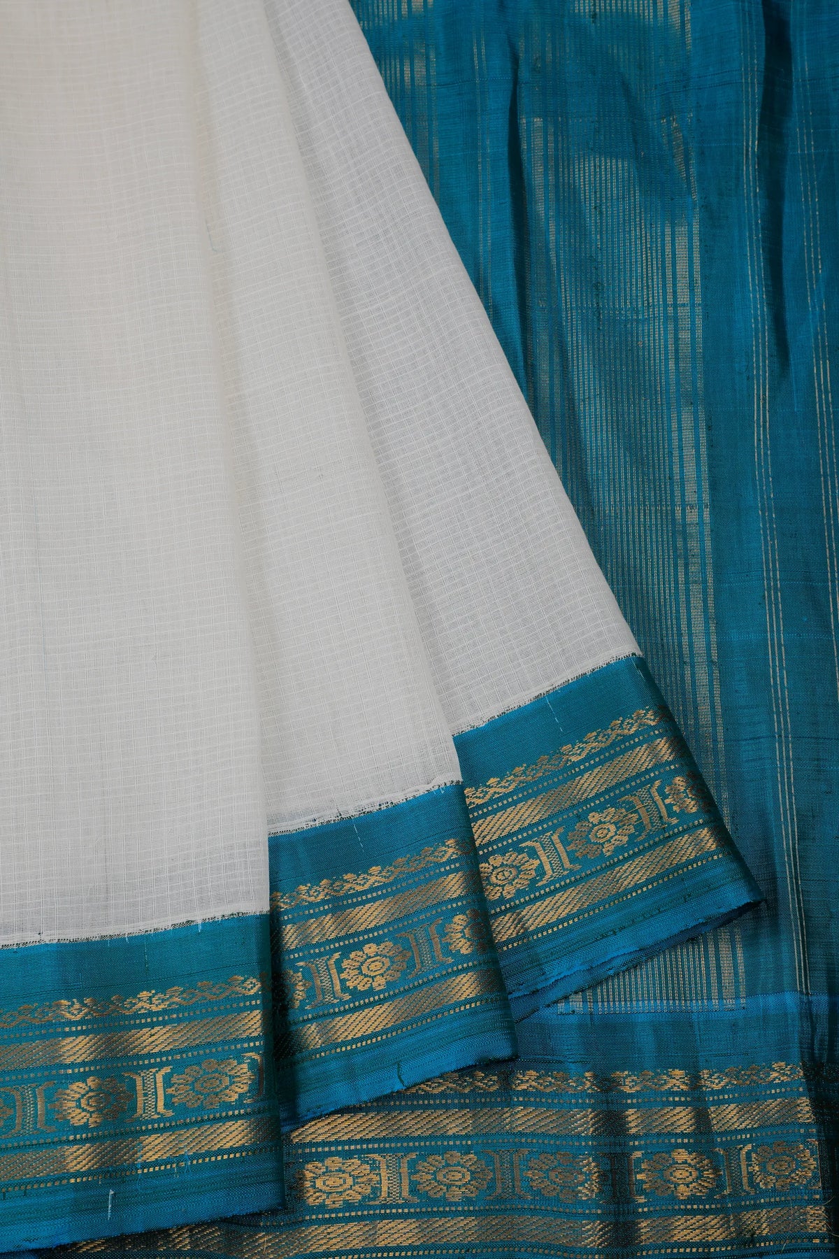 White Handloom Pure Cotton Gadwal Saree with Teal Blue Border