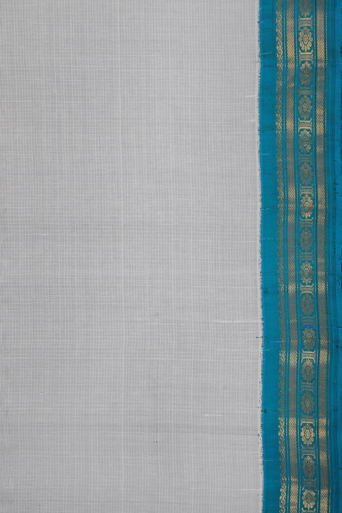 White Handloom Pure Cotton Gadwal Saree with Teal Blue Border