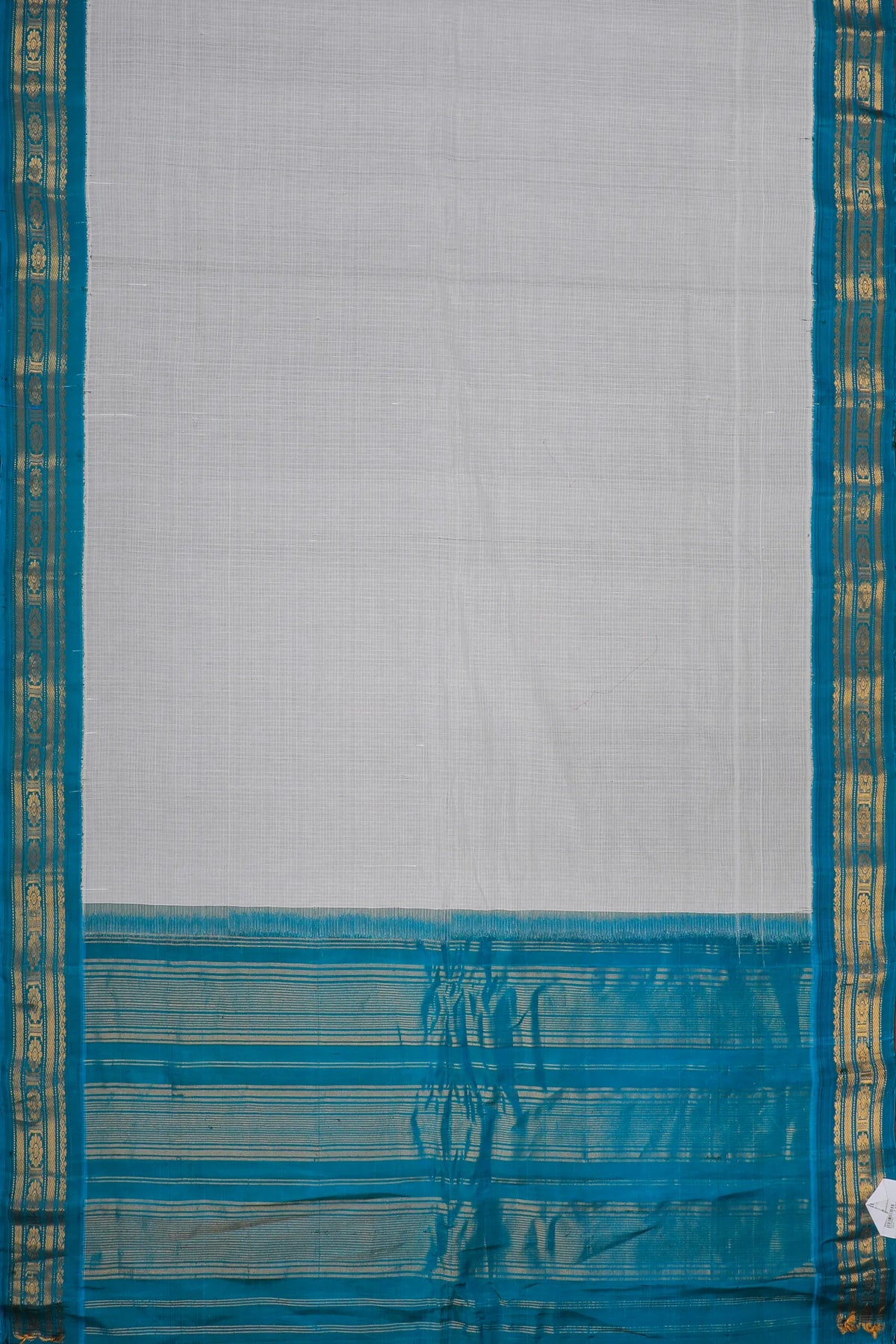 White Handloom Pure Cotton Gadwal Saree with Teal Blue Border