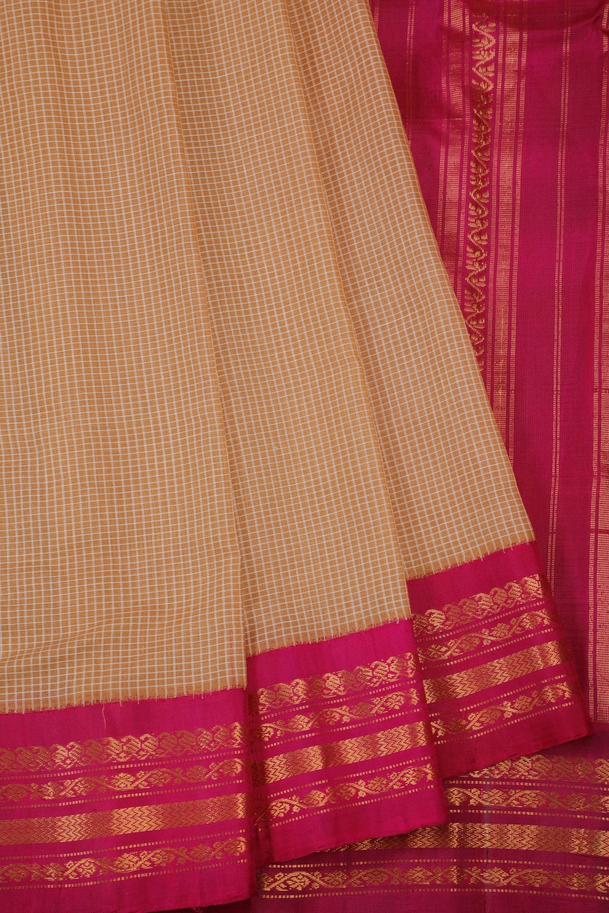 Beige Handloom Pure Cotton Gadwal Saree with Maroon Border