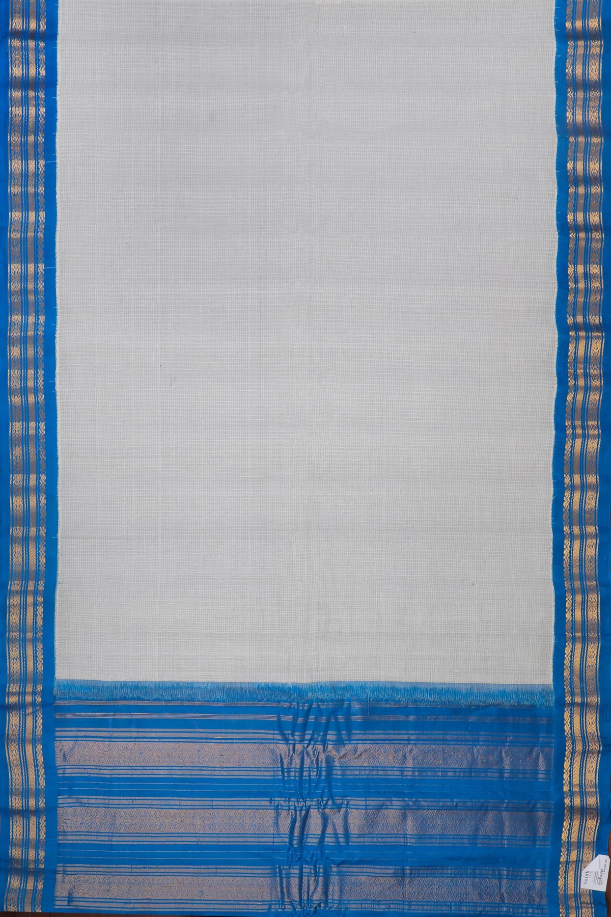 White Handloom Pure Cotton Gadwal Saree with Peacock Blue Border