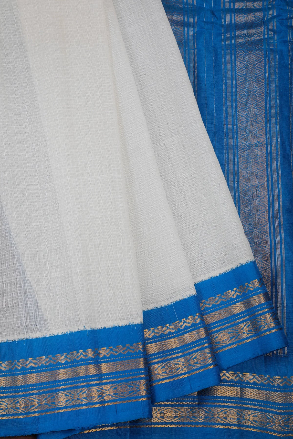 White Handloom Pure Cotton Gadwal Saree with Peacock Blue Border