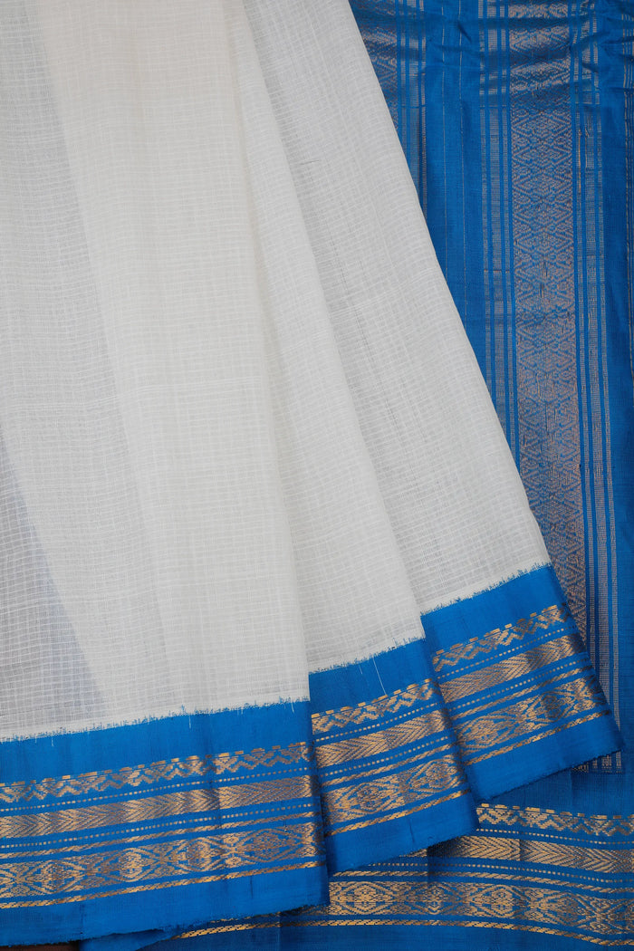 White Handloom Pure Cotton Gadwal Saree with Peacock Blue Border - detail 2