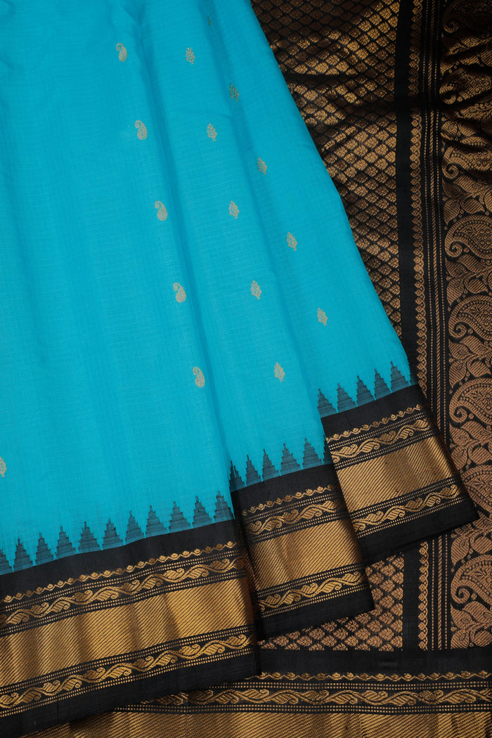 Sky Blue Handloom Pure Silk Cotton (Sico) Gadwal Saree with Black Temple Border