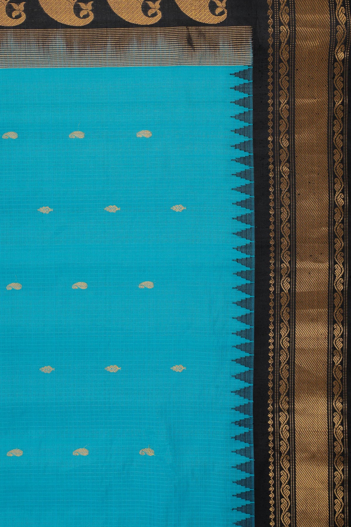 Sky Blue Handloom Pure Silk Cotton (Sico) Gadwal Saree with Black Temple Border