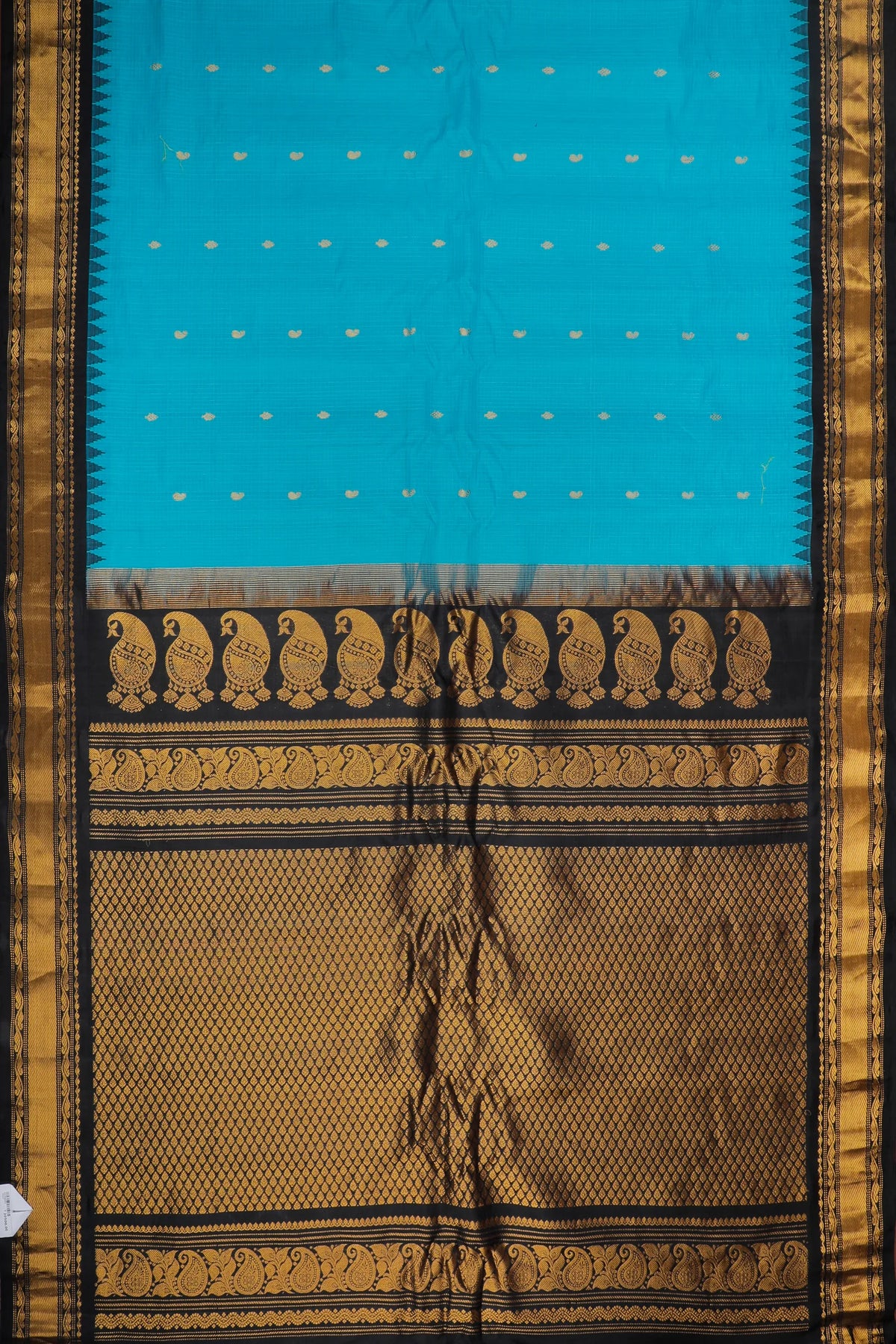 Sky Blue Handloom Pure Silk Cotton (Sico) Gadwal Saree with Black Temple Border