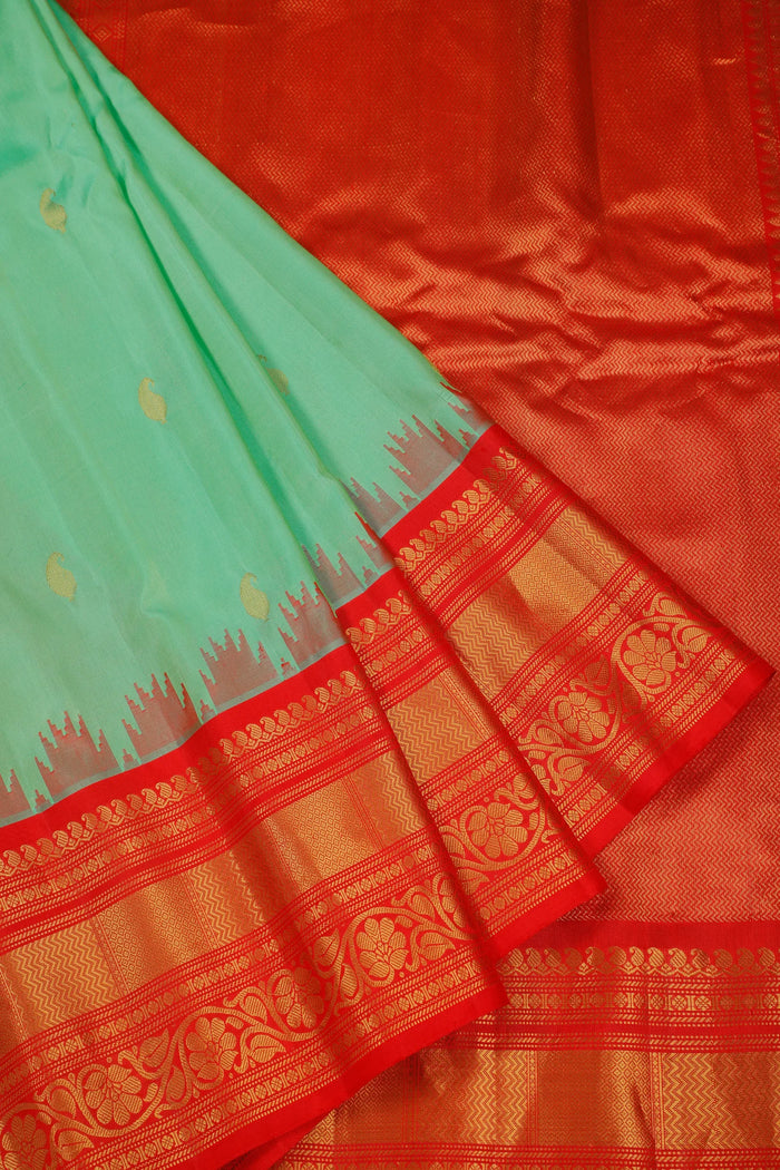 Pista Green Handloom Pure Silk Gadwal Saree with Red Brocade Border