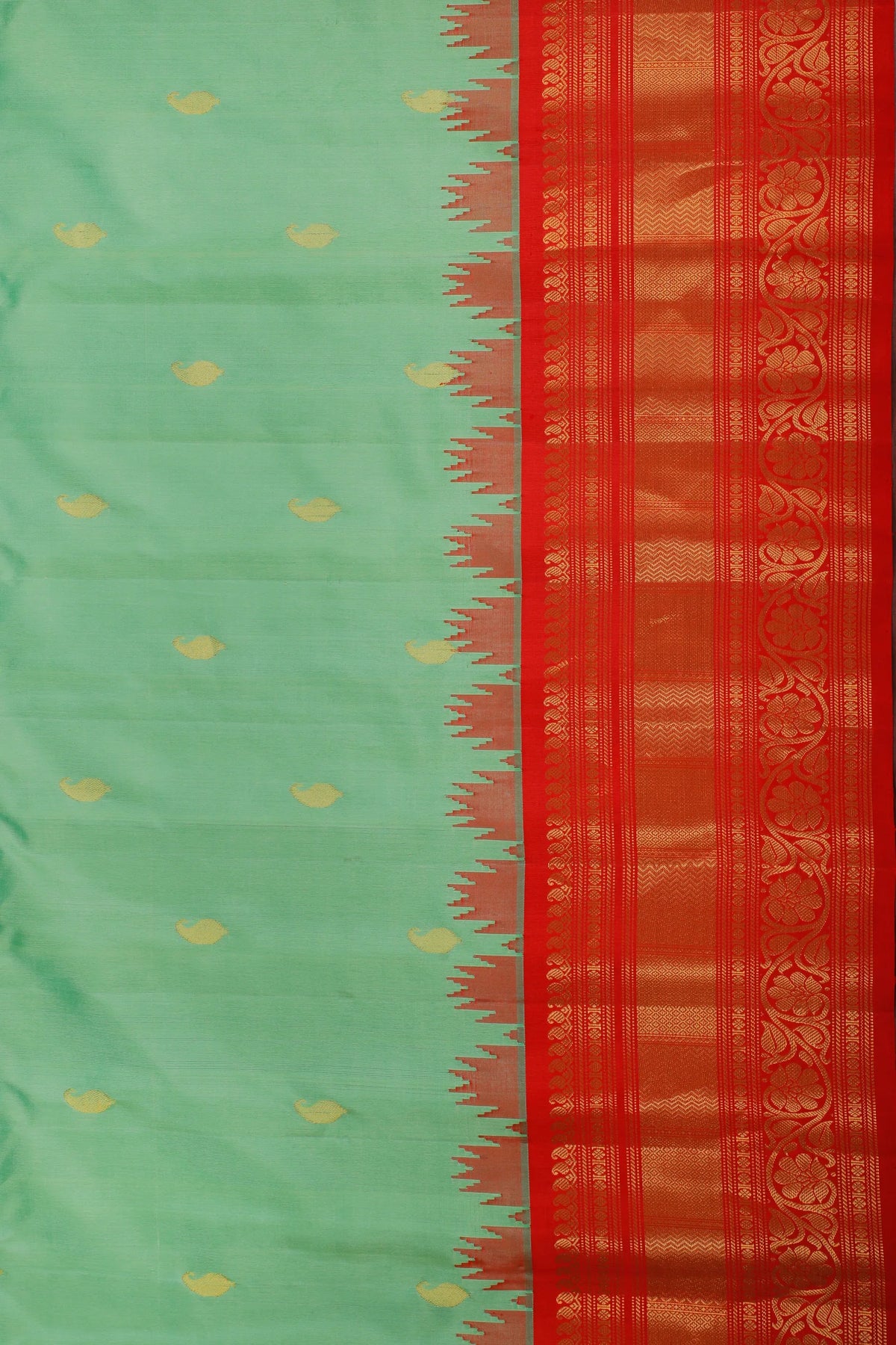 Pista Green Handloom Pure Silk Gadwal Saree with Red Brocade Border