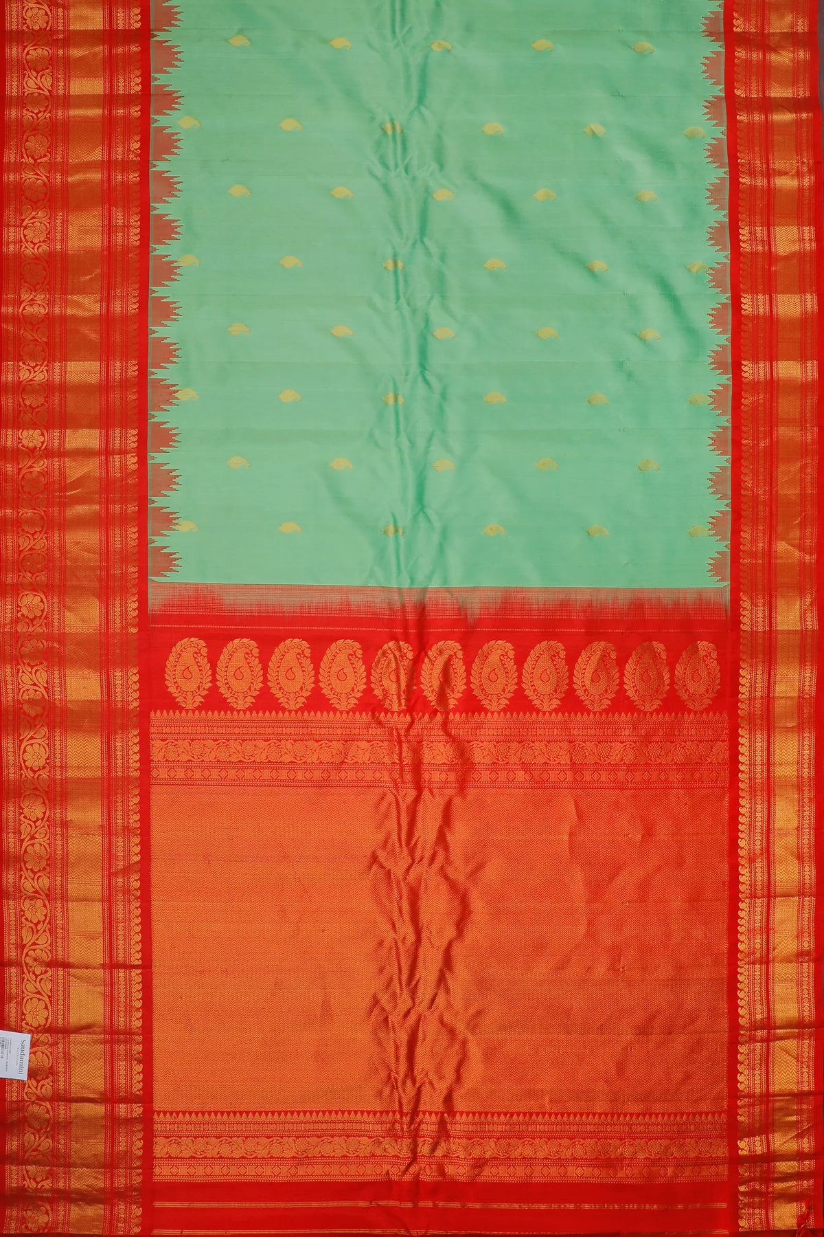 Pista Green Handloom Pure Silk Gadwal Saree with Red Brocade Border