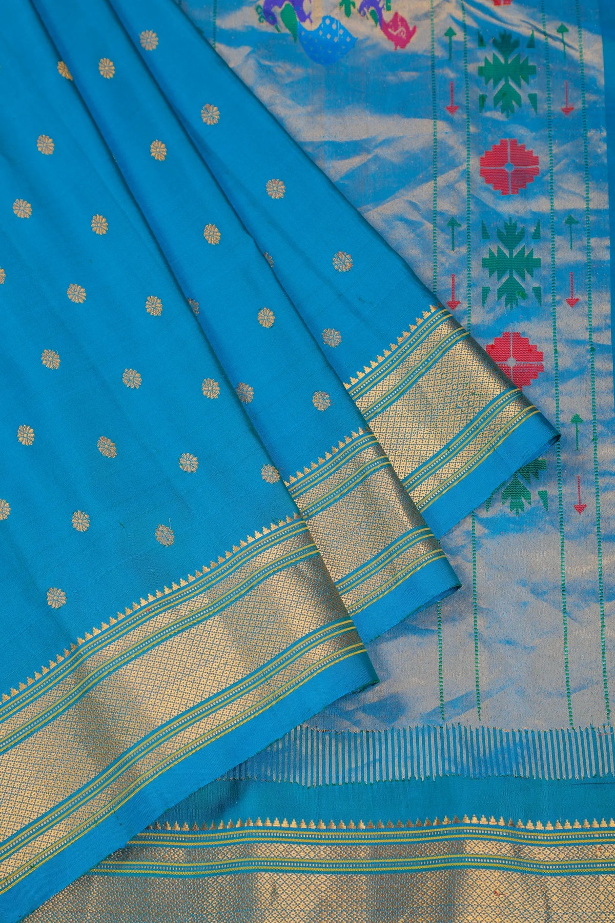 Blue (Chintamani) Handloom Pure Silk Gadwal Saree - Kalanjali Paithani