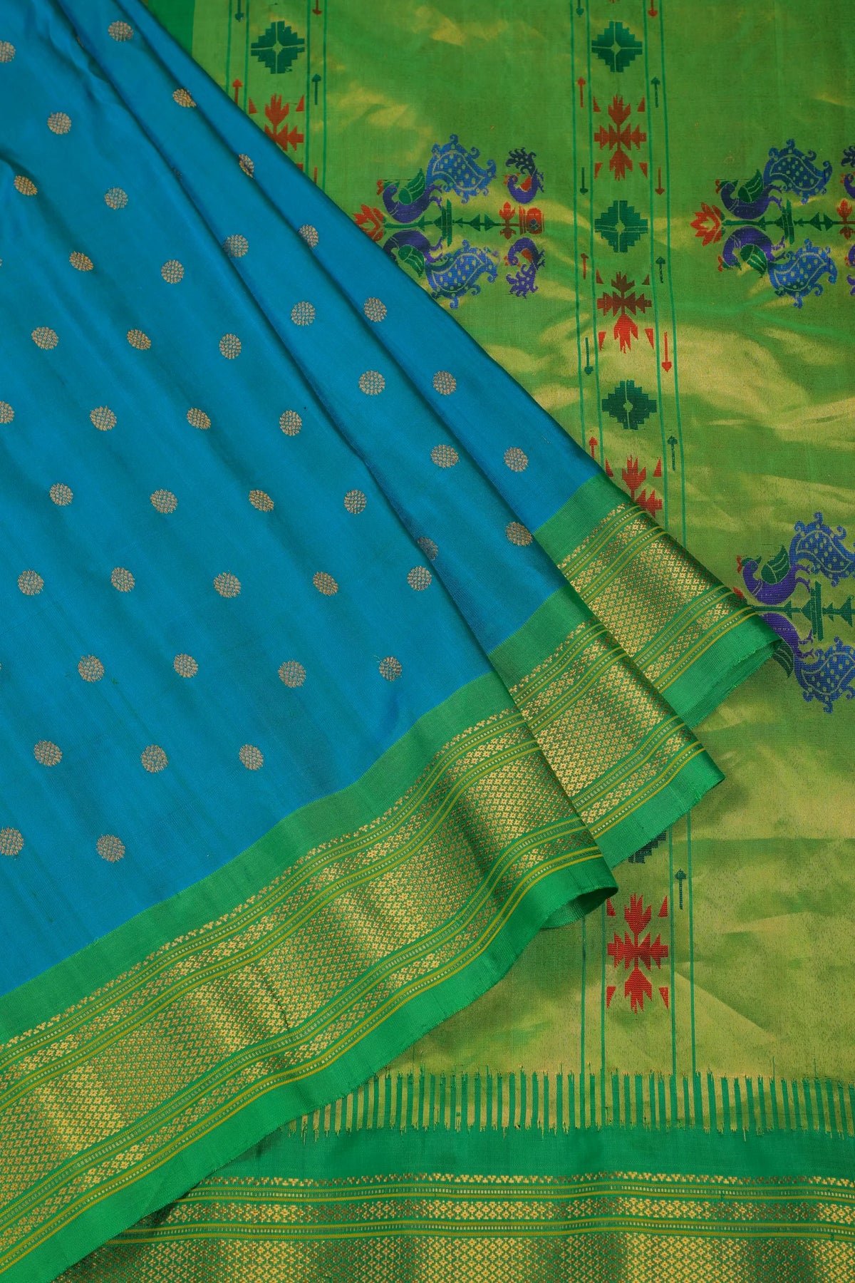 Peacock Blue Handloom Pure Silk Gadwal Saree - Kalanjali Paithani