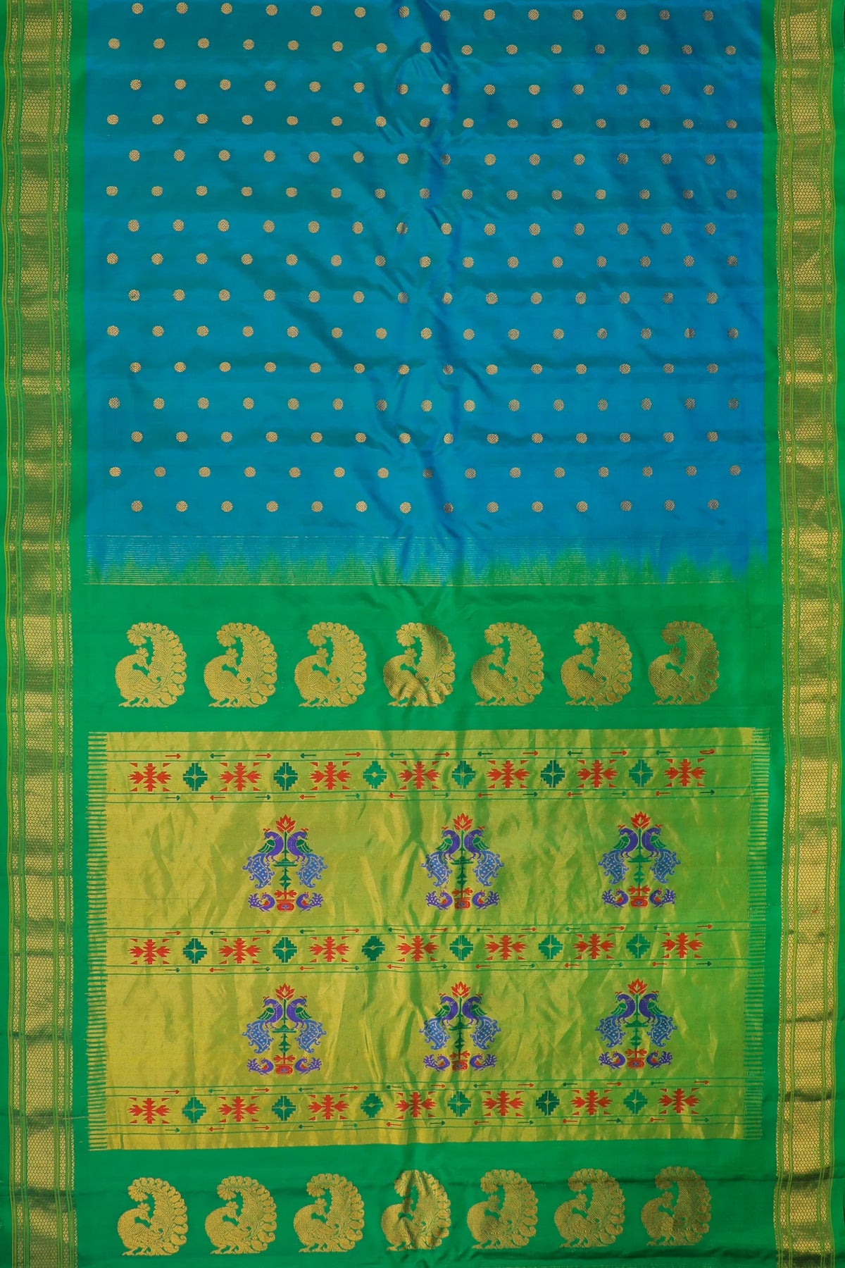 Peacock Blue Handloom Pure Silk Gadwal Saree - Kalanjali Paithani