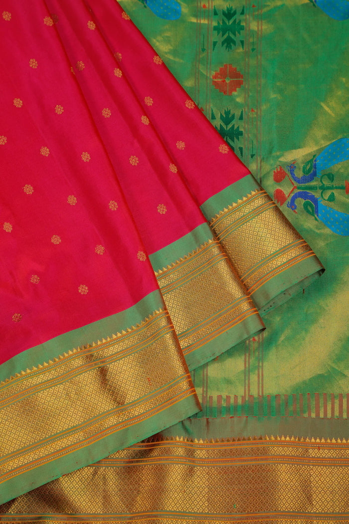 Red Handloom Pure Silk Gadwal Saree - Kalanjali Paithani