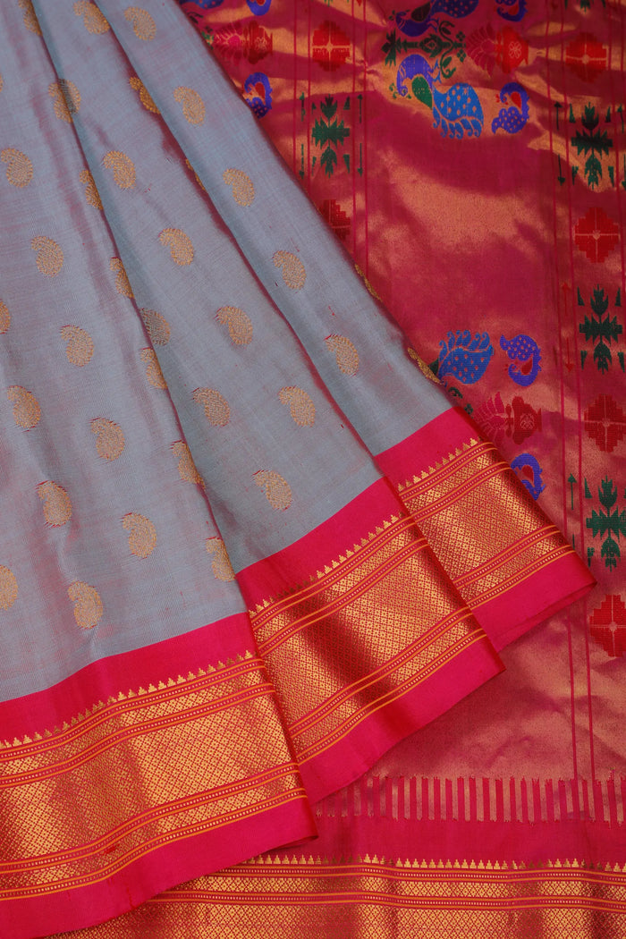 Grey Handloom Pure Silk Gadwal Saree - Kalanjali Paithani