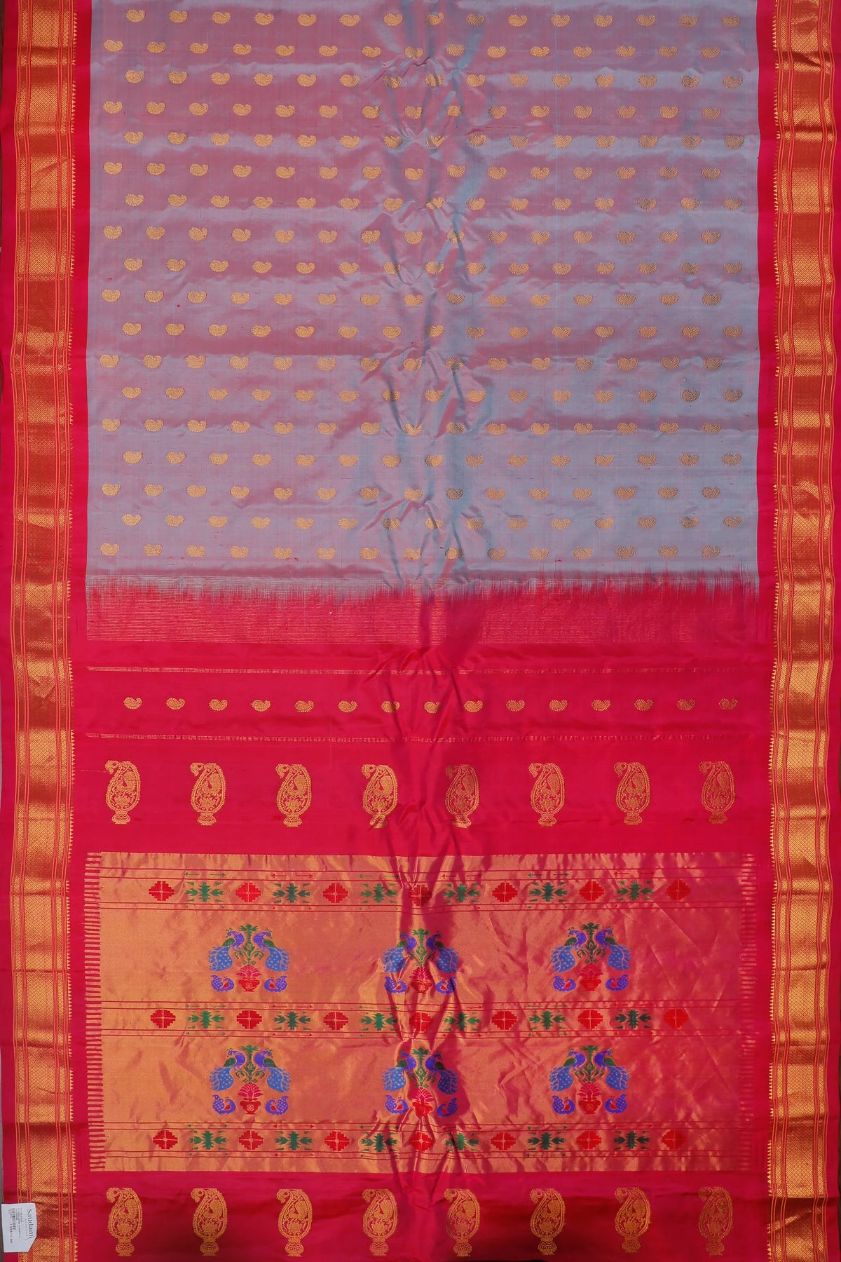 Grey Handloom Pure Silk Gadwal Saree - Kalanjali Paithani