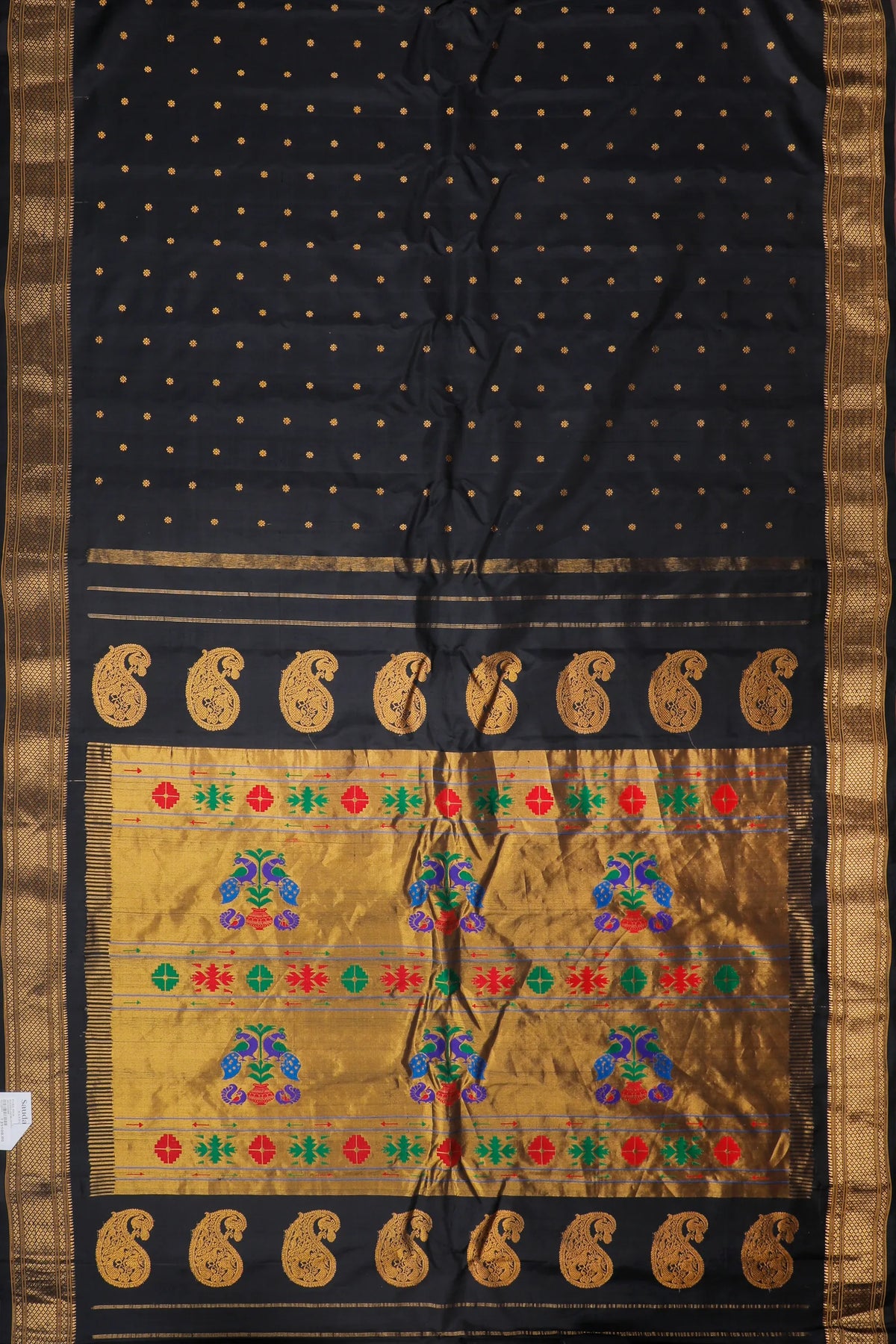 Jet Black Handloom Pure Silk Gadwal Saree - Kalanjali Paithani