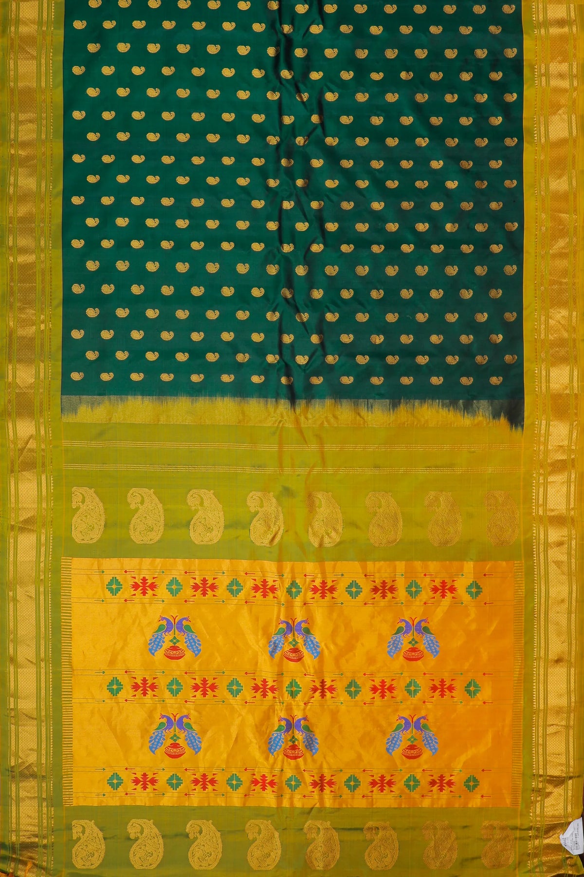Bottle Green Handloom Pure Silk Gadwal Saree - Kalanjali Paithani