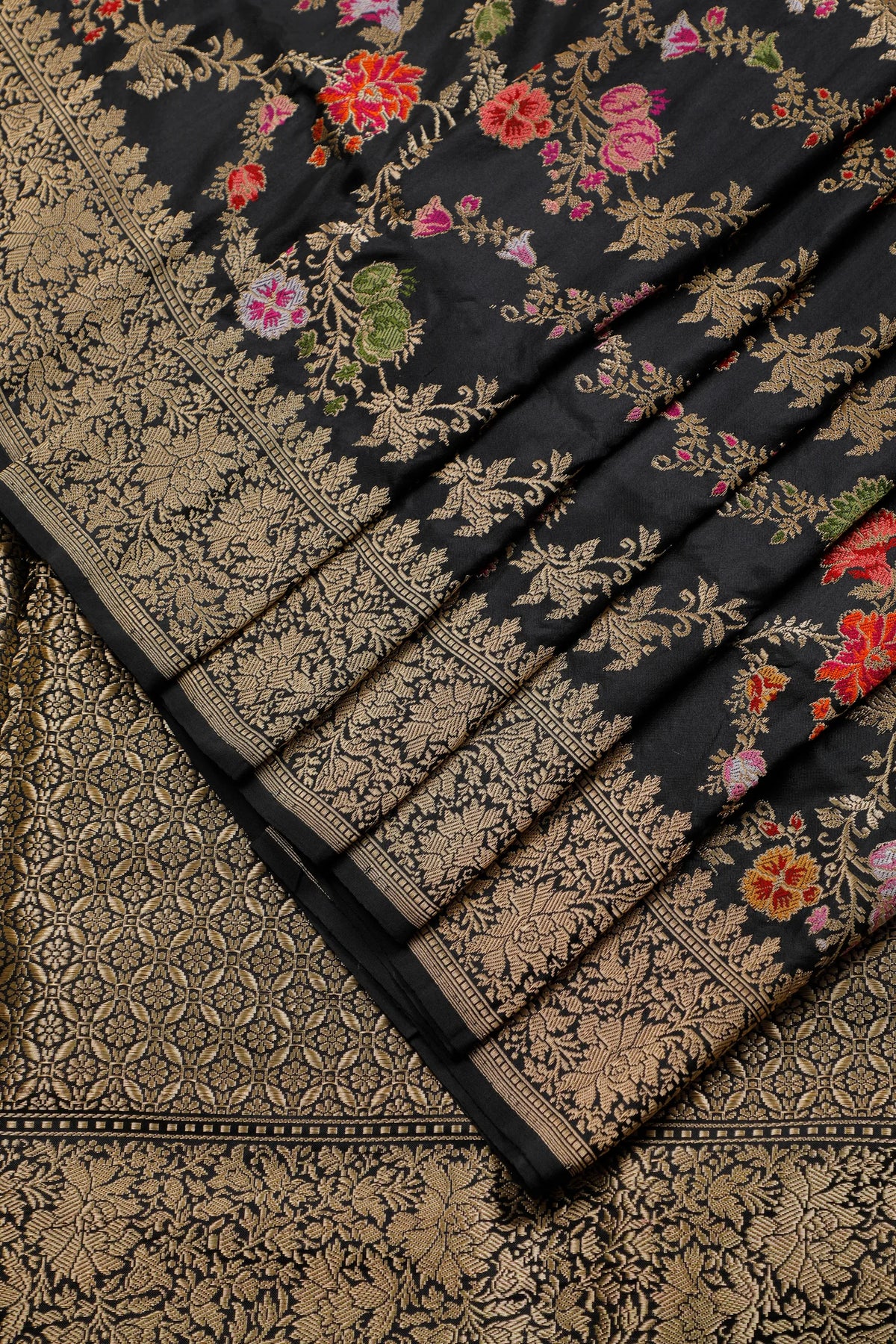 Jet Black Real Zari Pure Silk Benarasi Saree - Revival Design
