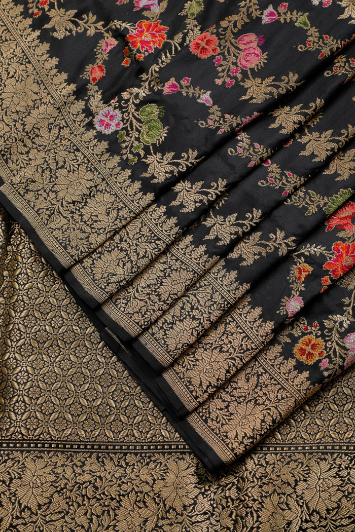 Jet Black Real Zari Pure Silk Benarasi Saree - Revival Design