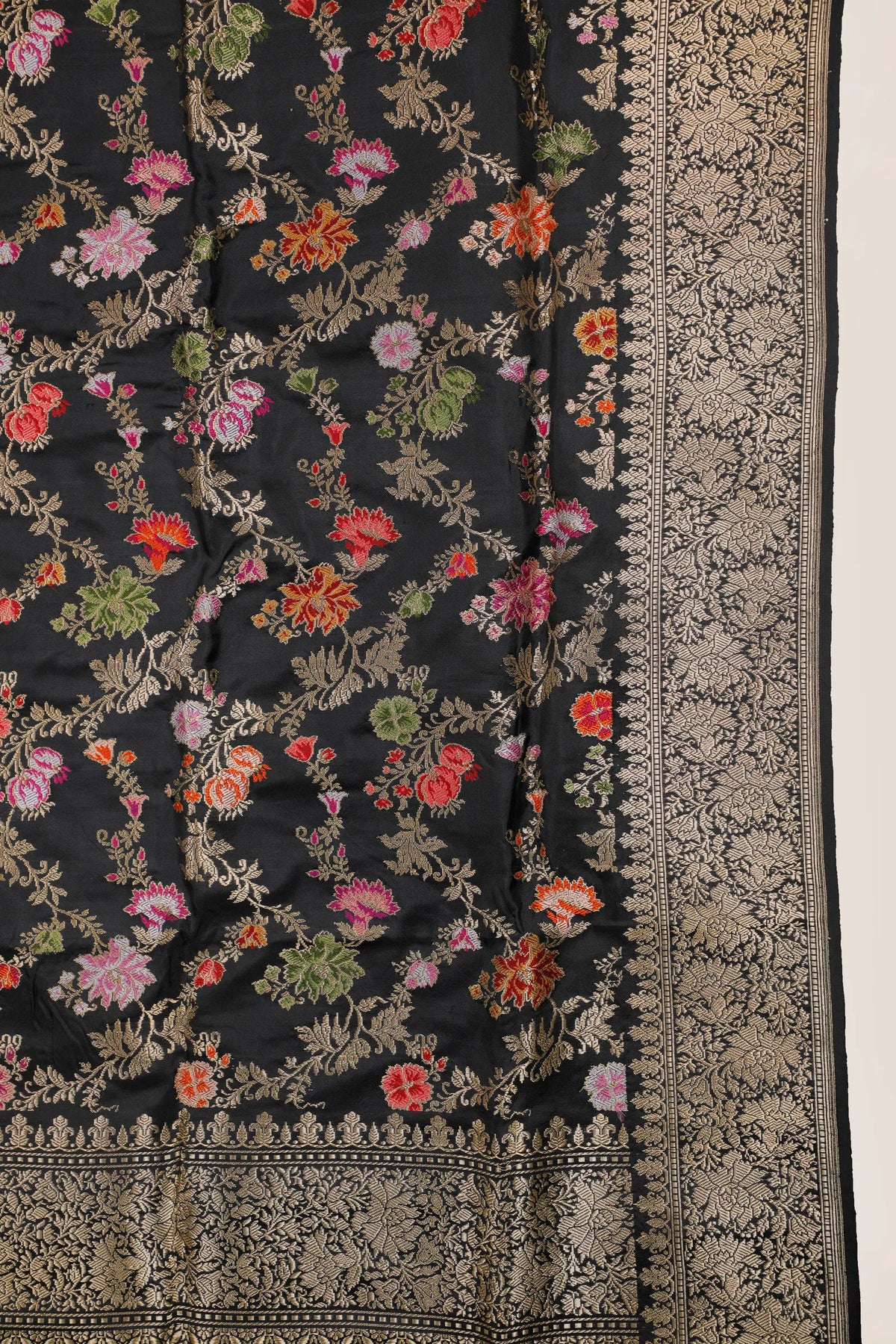 Jet Black Real Zari Pure Silk Benarasi Saree - Revival Design