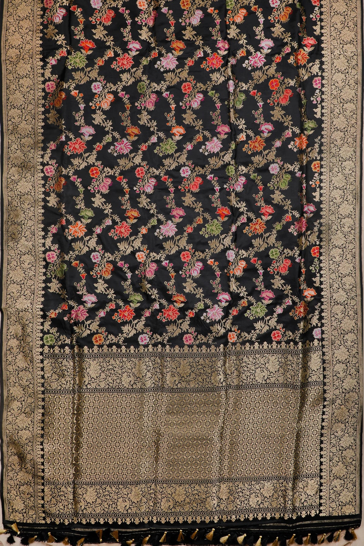 Jet Black Real Zari Pure Silk Benarasi Saree - Revival Design