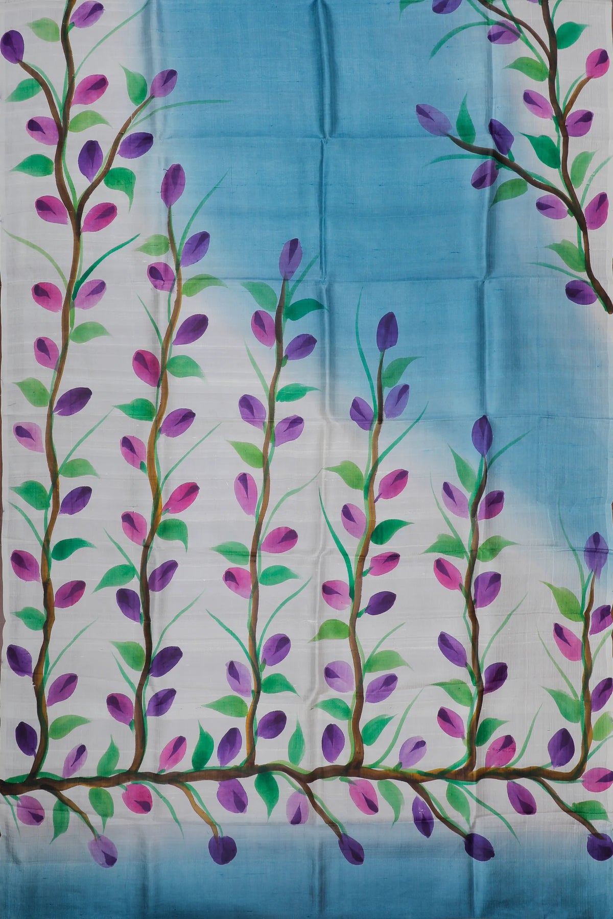 White & Blue West Bengal Pure Silk Hand Painted Saree