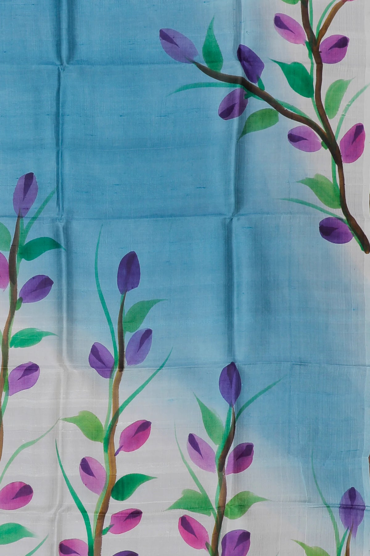 White & Blue West Bengal Pure Silk Hand Painted Saree