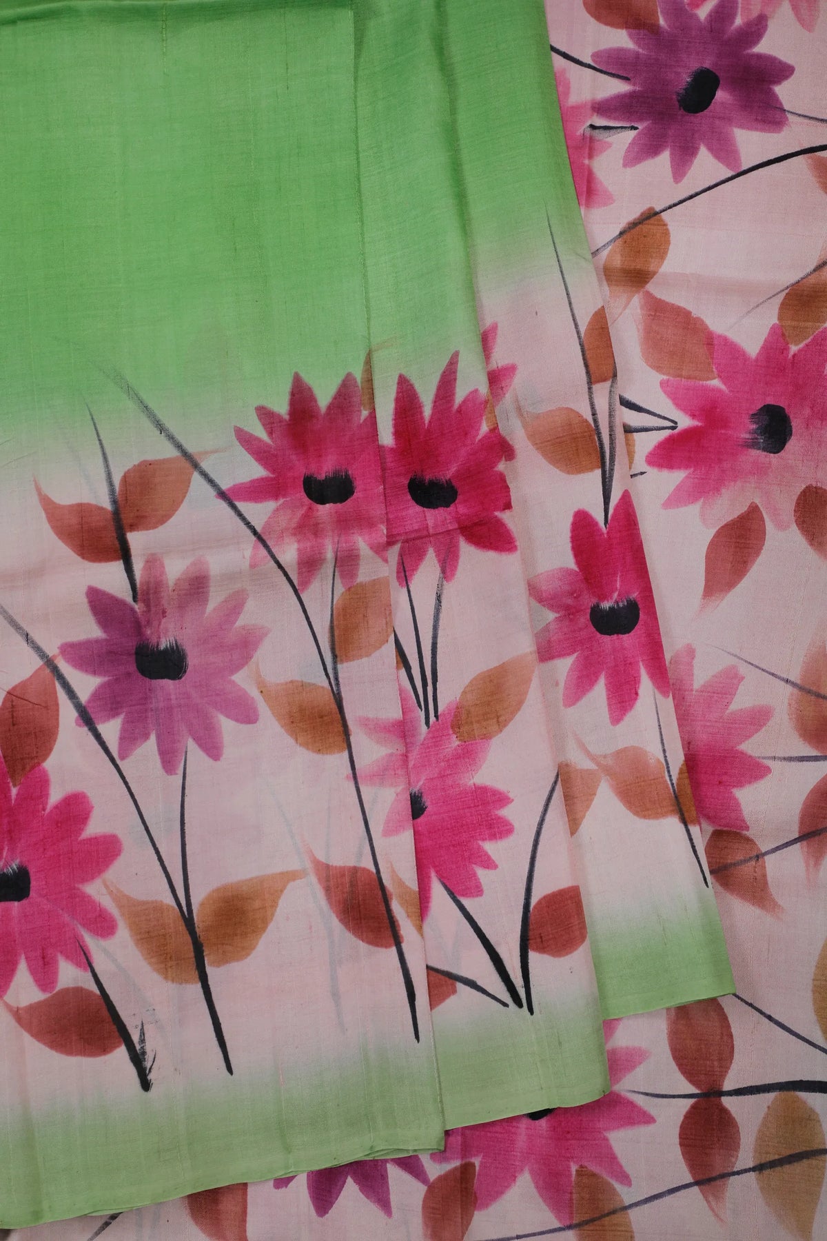 White & Green West Bengal Pure Silk Hand Painted Saree