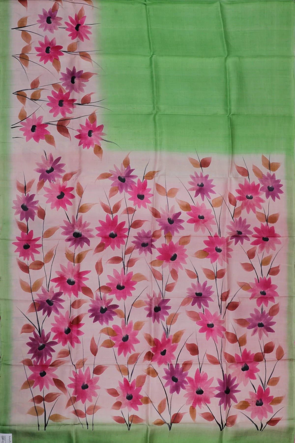 White & Green West Bengal Pure Silk Hand Painted Saree