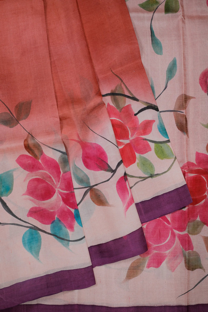 Peach West Bengal Pure Silk Hand Painted Saree