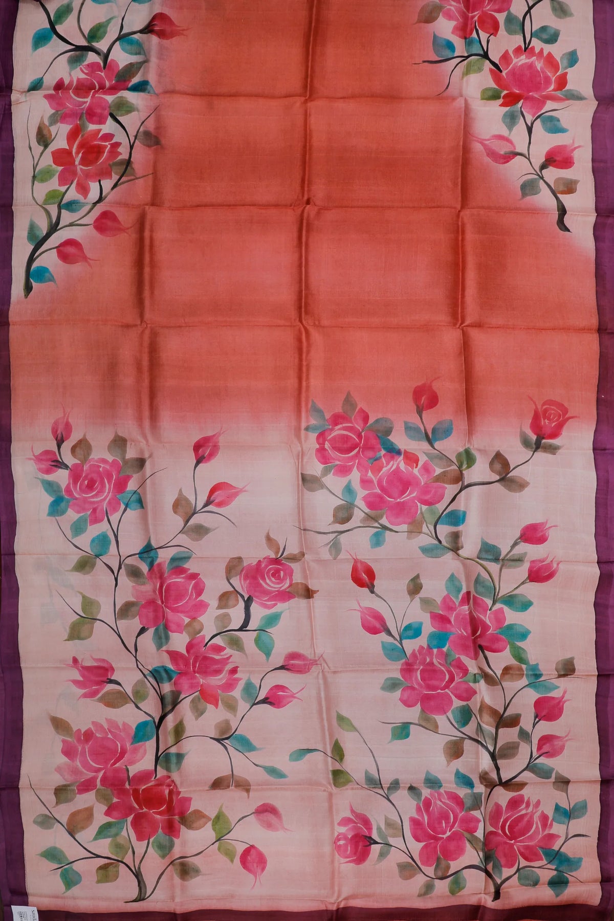 Peach West Bengal Pure Silk Hand Painted Saree