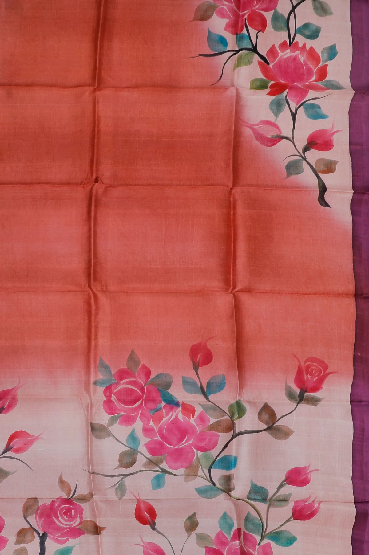 Peach West Bengal Pure Silk Hand Painted Saree