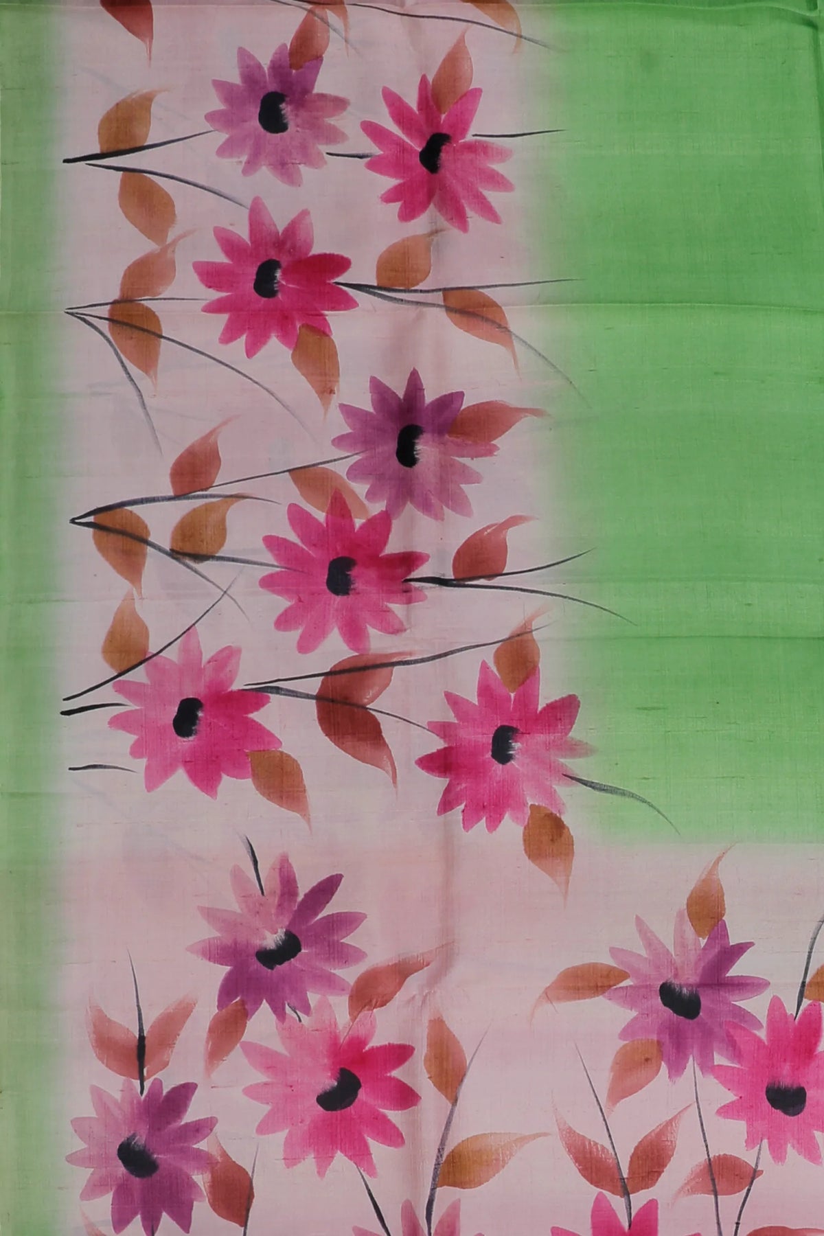 White & Green West Bengal Pure Silk Hand Painted Saree