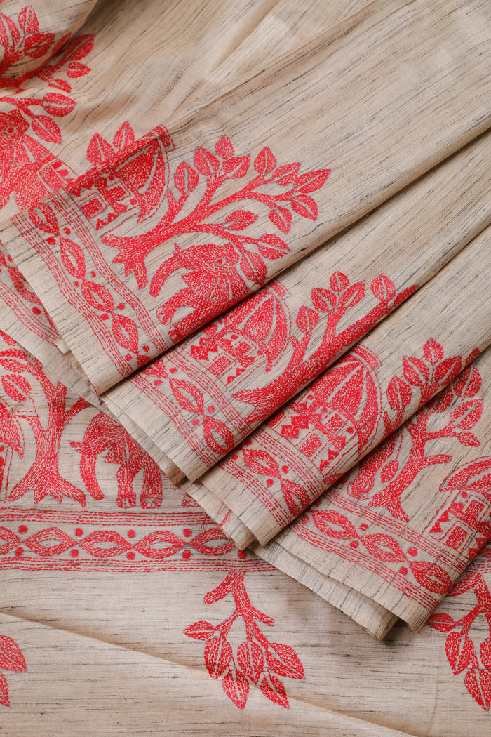 Beige Handloom Pure Silk Katha Work Saree with Elephant & Trees Hand Embroidery