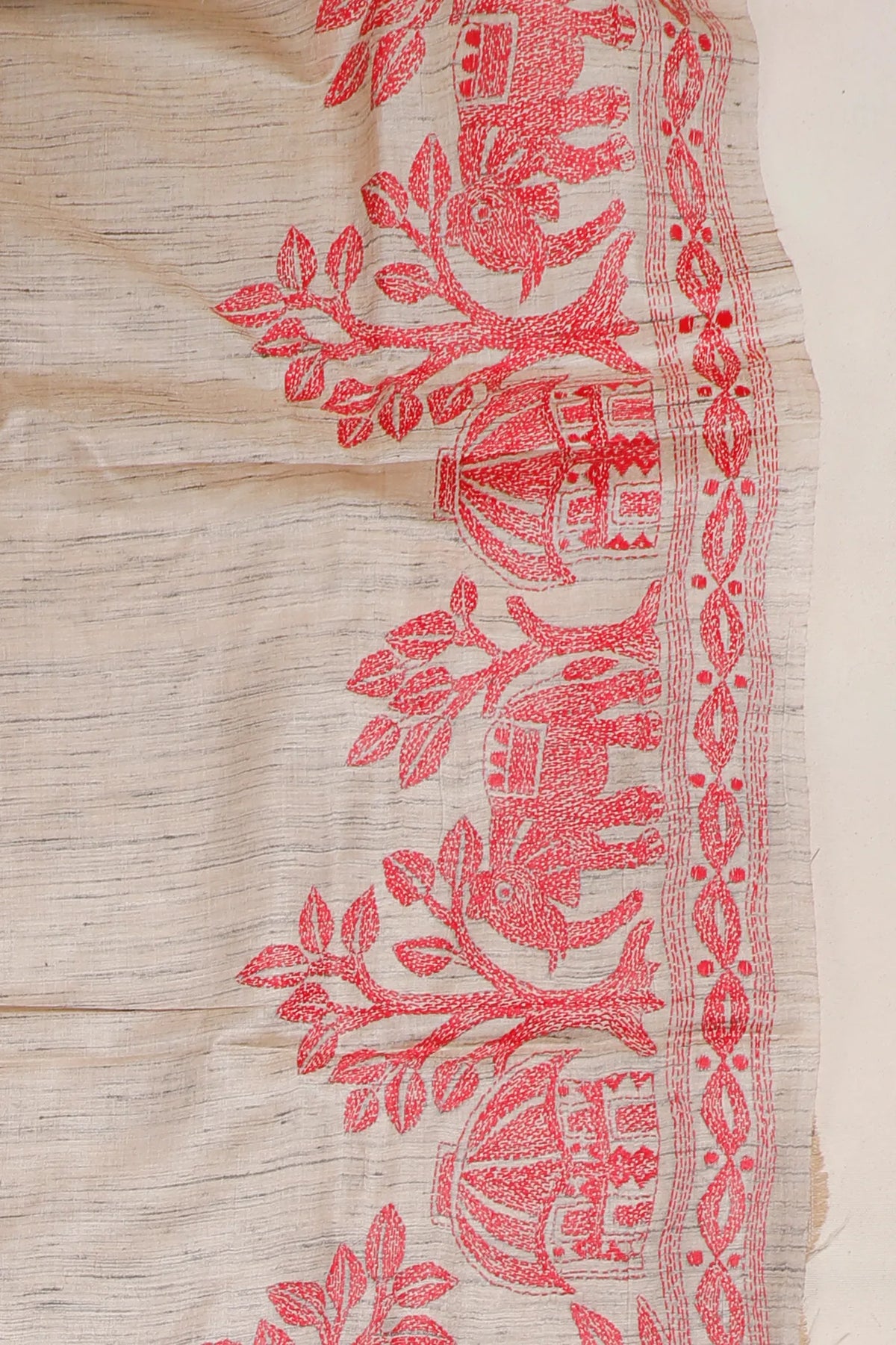 Beige Handloom Pure Silk Katha Work Saree with Elephant & Trees Hand Embroidery