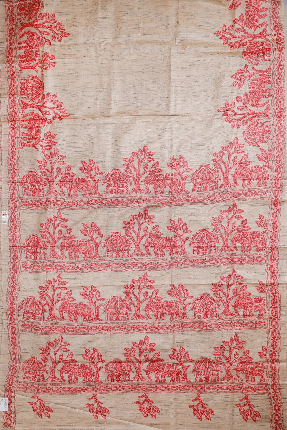 Beige Handloom Pure Silk Katha Work Saree with Elephant & Trees Hand Embroidery