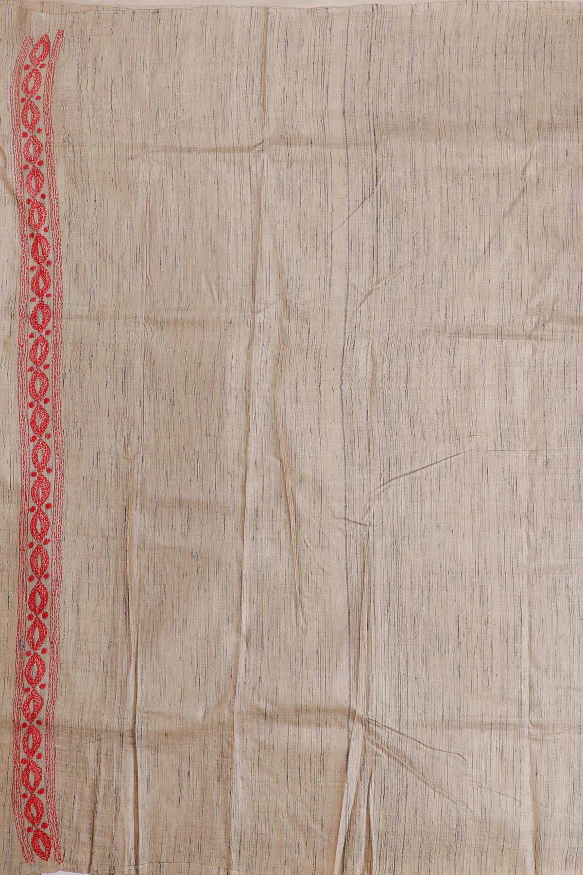 Beige Handloom Pure Silk Katha Work Saree with Elephant & Trees Hand Embroidery