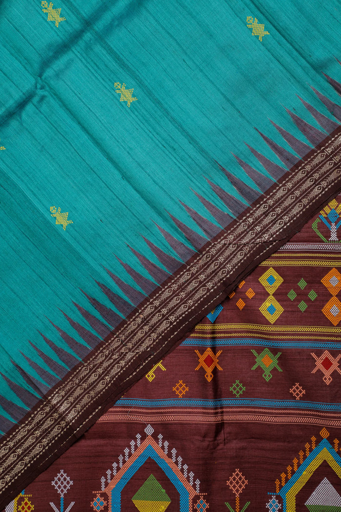 Peacock Green Gobalpur Orissa Tussar Pure Silk Handloom Saree - detail 1