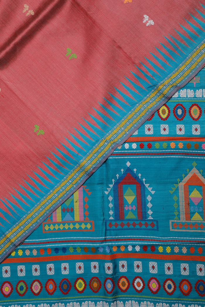 Onion Pink Handloom Tussar Silk Saree with Turquoise Blue Border - detail 1