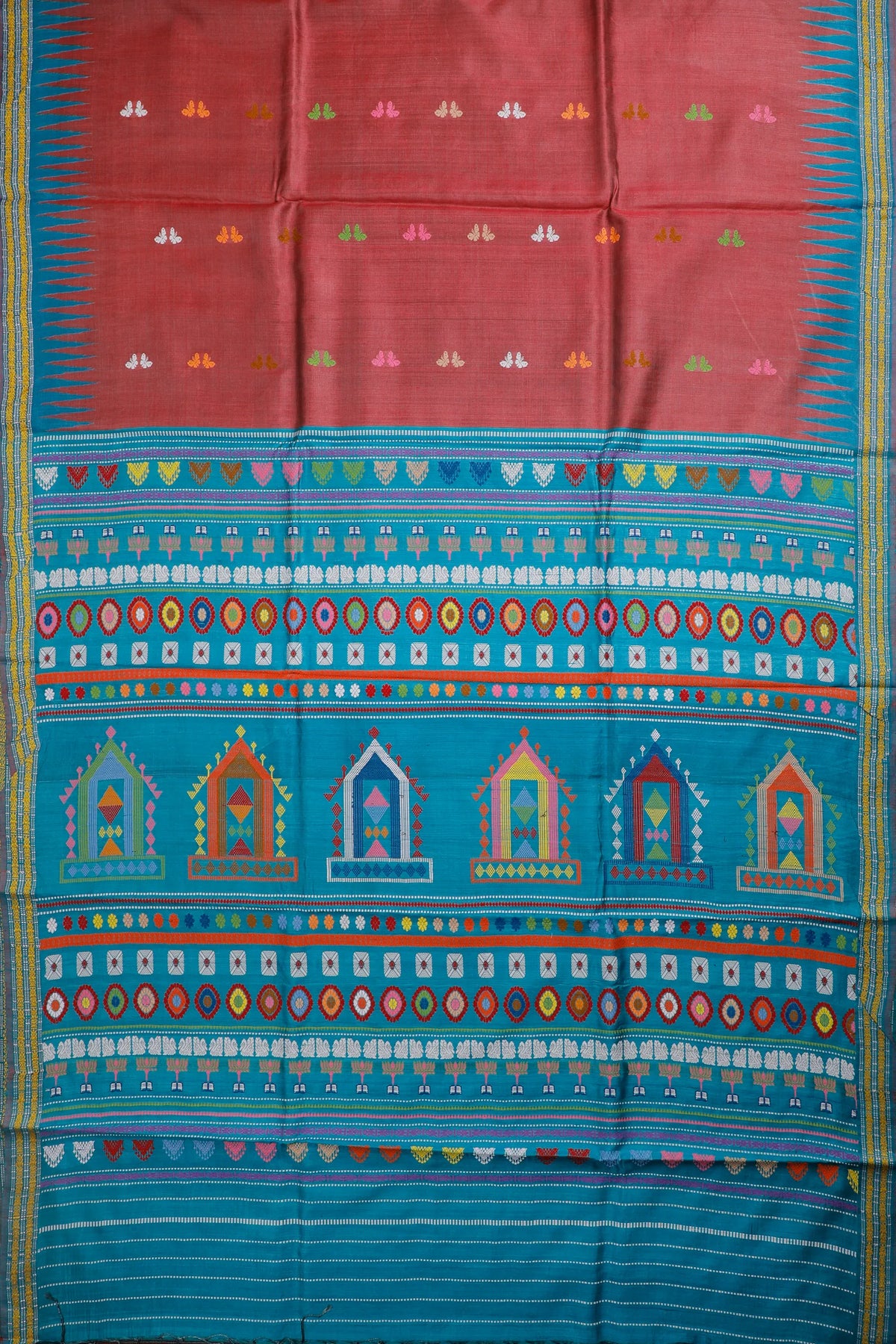 Onion Pink Handloom Tussar Silk Saree with Turquoise Blue Border