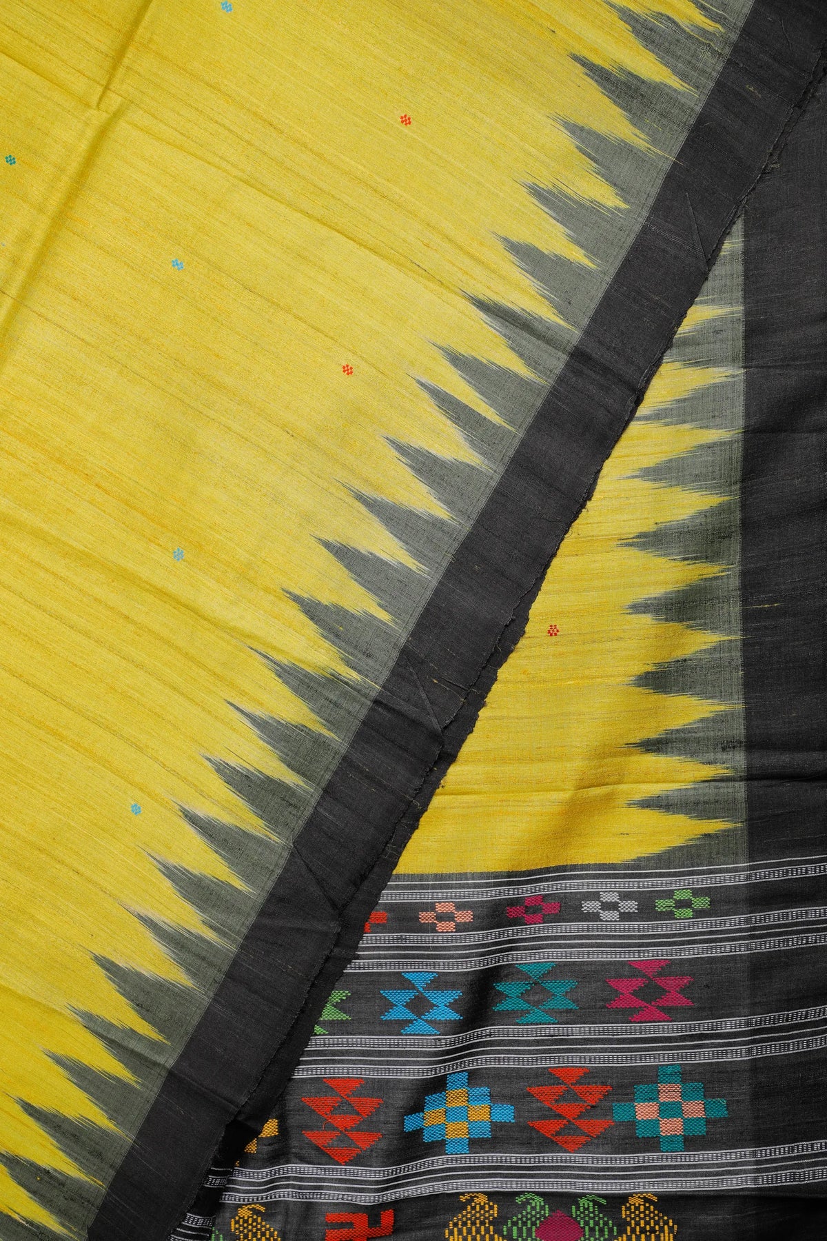 Yellow Handloom Tussar Silk Saree with Black Temple Border